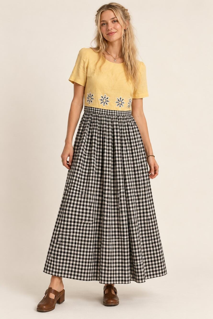 Vintage 1990s Plaza South Daisy Gingham Maxi Dress Yellow Linen Blend Size 10